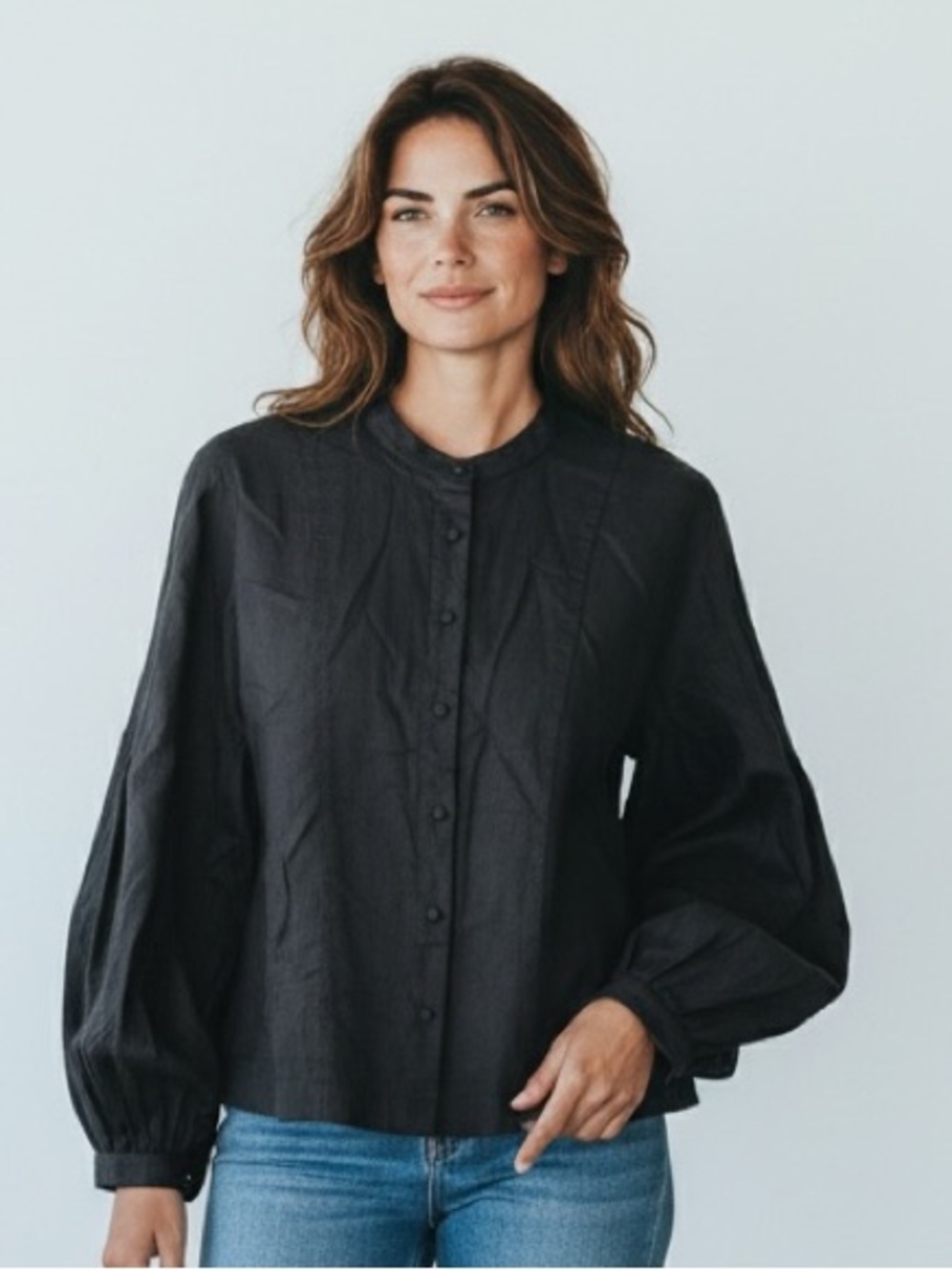 Club Monaco black button-up linen blouse